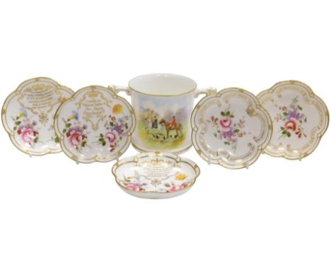 A Royal Worcester porcelain loving cup, printed with a hunting scene, after M Barlow, printed marks, 9.5cm high, together wit