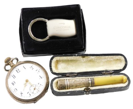 An early 20thC pocket watch, keyless wind, circular enamel dial bearing Arabic numerals, subsidiary seconds dial, Swiss movem