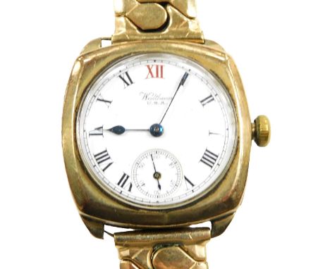 A Waltham gentleman's 9ct gold cased wristwatch, circular enamel dial bearing Roman numerals, subsidiary seconds dial, nine j