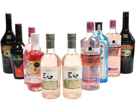 Two bottles of Gordons premium pink distilled gin, bottle of Bombay Sapphire gin, two bottles of Baileys Original Irish Cream