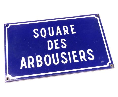 A French enamel street sign, Square des Arbousiers, white on a blue ground, 30cm x 50cm.