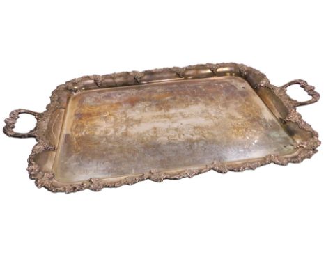 A Garrard &amp; Company Ltd silver plated twin handled tray, with floral and foliate engraving, central reserve, presentation