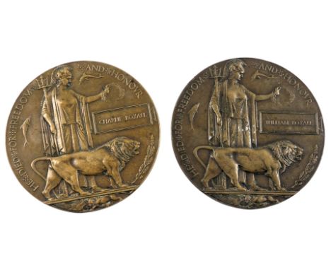 Two World War I memorial plaques, or widow's pennies, named to William and Charlie Boxall, believed to brothers, Pte Charlie 