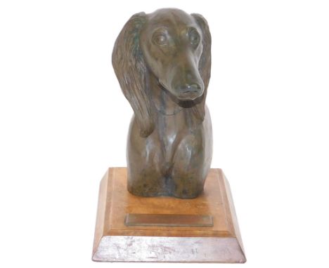 A bronzed plaster figural bust of a Salouki, by R. Chennells, number 1, raised on a wooden base, plaque engraved 'Beguianette