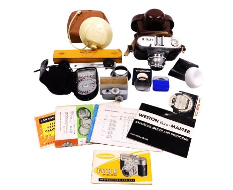 A Voigtlander Vito V camera, with a skopar 1:2.8/50 lens, Weston Euromaster light meter, filters etc. (a quantity)