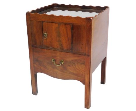 A George III mahogany commode, with a cupboard door, over a pull out lower section, raised on square legs, 76cm x 56cm x 49cm