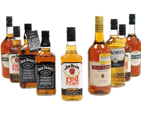 Three bottles of Jim Beam Red Stag black cherry liqueur, infused with Kentucky Straight Bourbon, two bottles of Jack Daniels 
