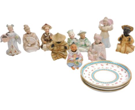 Nine late 19thC Continental porcelain nodding figures, including a double figure of a boy and girl in Chinese costume, other 