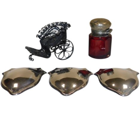 Three Edward VII silver shield plaques, Birmingham 1908, 0.87oz, together with a filigree metal bath chair, and a Victorian r