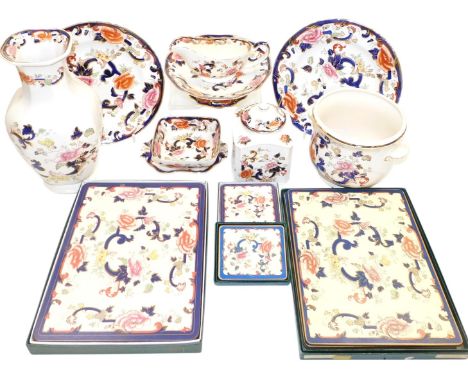 A group of Masons ironstone Mandalay pattern dinner wares, including a gravy boat and pair of dinner plates, a tazze, dishes,