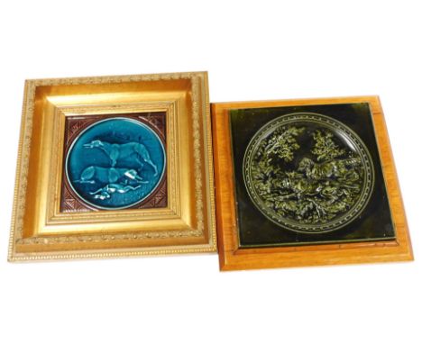 A late 19thC Minton Hollins &amp; Company pottery tile, relief moulded with a pair of greyhounds and hare, against a turquois