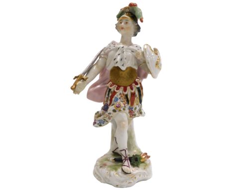 A 20thC Sitzendorf porcelain figure of Minerva, modelled standing, holding a shield and sword, raised on a rococo scroll base