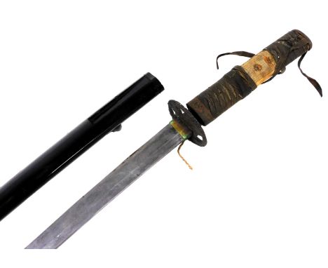A Japanese wakizashi, with a bronze tsuba, signed tang, and black lacquered scabbard, blade length 60cm. (AF)