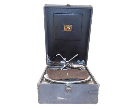 An HMV black cased table top gramophone, for S Hermitage &amp; Sons Ltd.