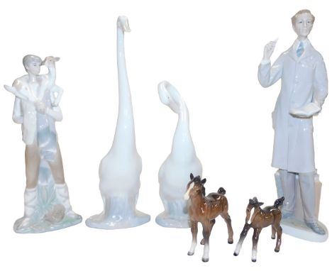 A Lladro porcelain figure of a man, modelled standing delivering a lecture from book, another figure of a goat herder with a 