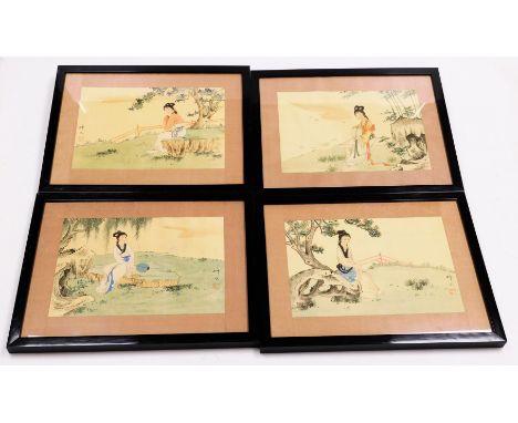 Chinese School (19thC). Ladies in contemplation in a garden, watercolours on silk, signed with seal marks, 21.5cm x 31.5cm. (