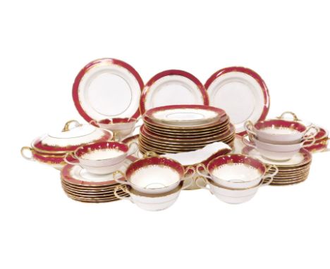 An Aynsley porcelain part dinner service, gilt decorated with a band of repeating leaves, and a burgundy band, printed marks,