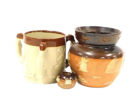 A late 19thC Royal Doulton stoneware two tone harvest tobacco jar, and cover, impressed marks, 16cm high, a two tone stonewar