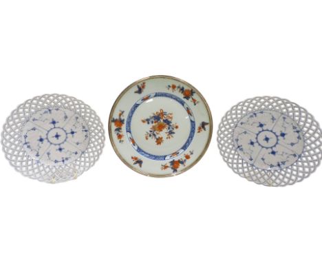 A pair of Royal Copenhagen blue and white porcelain ribbon plates, 23cm wide, together with a Haviland Limoges porcelain 'Tch