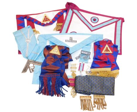 Masonic jewels and regalia, including aprons and sashes, and Masonic silk tie.