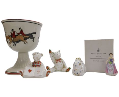 Two Royal Crown Derby porcelain teddy bears, one titled 'I Love You', together with a baby red rabbit paperweight, gold stopp
