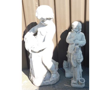 A group of stone and concrete garden ornaments and planters, including a figure of a putto with an amphora, 98cm high, a Vict