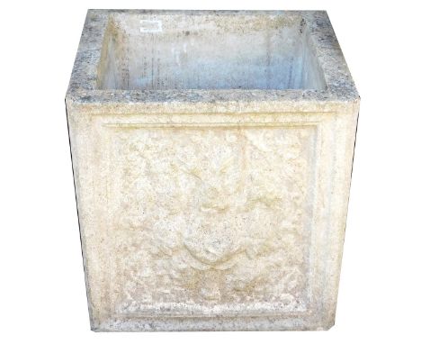 A reconstituted stone planter, of square form, decorated with panels of flowers and leaves, 41cm x 43.5cm x 43cm.
