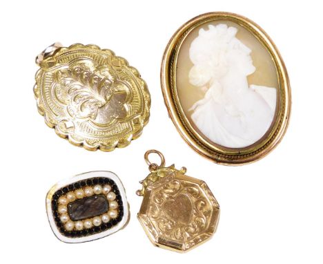 A Georgian seed pearl and white enamel hair locket brooch, in yellow metal, gold plated octagonal locket pendant, withe engra