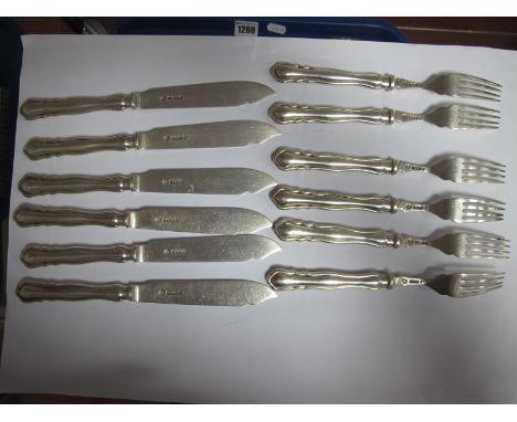 A Set of Six Hallmarked Silver Fish Knives and Forks, Messrs Hutton, Sheffield 1935, (stamped Silver Jubilee mark. (12)