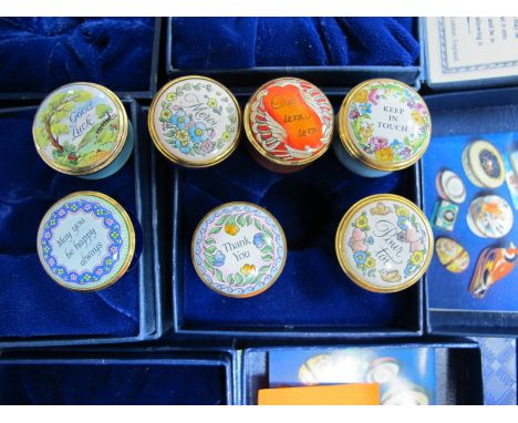 Seven Halcyon Days Miniature Enamel Pill Boxes - 'Good Luck', 'Que Sera Sera', 'May You Be Happy Always', 'Pour Toi', 'Keep I
