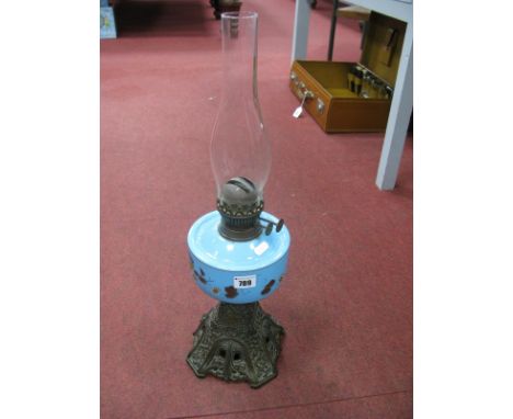 Early XX Century Iron Based Oil Lamp, with painted turquoise well.