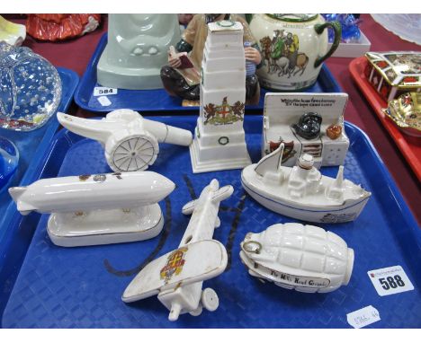 Military Crested Ware - Arcadian Cenotaph, airship, canon, range, Carlton British Mine Sweeper (cracked) Corona Plane (no pro