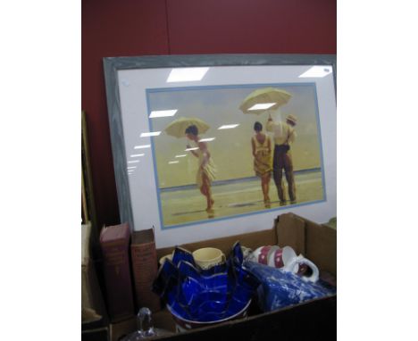 Jack Vettriano Print 'Mad Dogs'; together with books, blue white, cheese dish, XIX Century part tea service, etc:- One Box