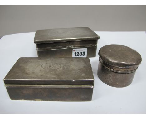 A Matched Pair of Hallmarked Silver Boxes, one rectangular, one circular, allover engine turned, initialled "S"; together wit