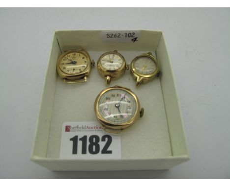 Three Vintage 9ct Gold and another Ladies Wristwatch Heads Only, including Tudor, Omega and Marvin etc. (4)