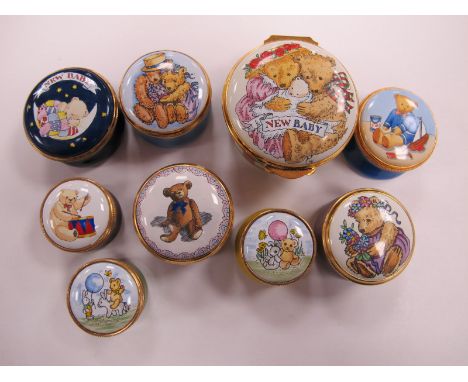 Nine Circular Enamel Trinket Boxes, by Crummles, Halcyon Days and Staffordshire Enamels, all painted with Teddy Bears (all un