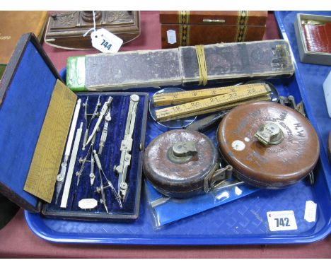 Chesterman Rules, unique slide rule, geometry set, magnifiers, etc:- One Tray
