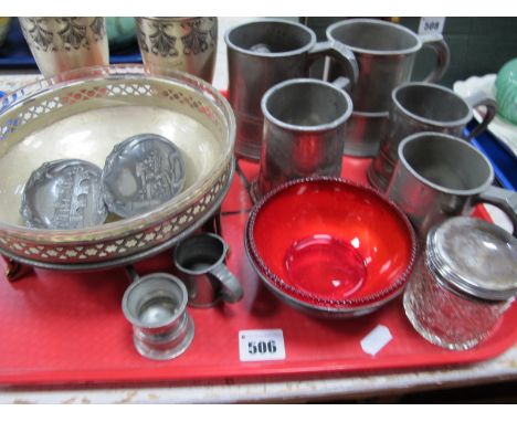 WMF Bowl, with glass liner, 20cm diameter, pewter tankards, silver topped tidy jar, pair of Daalderop vases, etc:- One Tray