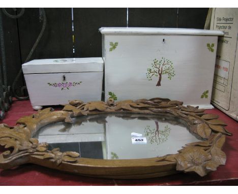Mirror in Carved Oak Frame, painted letter box and caddy. (2)
