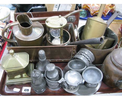 XIX Century Brass Spit Roast, tobacco jar, plant trough, copper pans, 'Beacon Finger Grip' coal tongs, pewter etc:- One Tray
