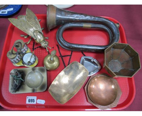 George Potter and Co, Aldershot copper and brass bugle, large brass fly ashtray, other, metalware, brass apple bottle opener: