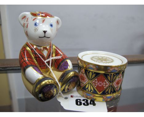 Royal Crown Derby Scottish Teddy - Fraser, 2002, plus Imari type drum 5cm diameter.