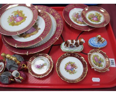 Limoges Plates, miniature tea service, Artoria enamelled trinket boxes featuring dogs:- One Tray