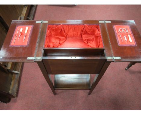 An Early XX Century Mahogany Sewing Table, with hinged lids, fitted interior, on tapering legs, with under shelf.