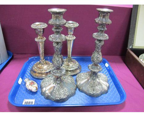 A Hallmarked Silver Mounted Decorative Scent Bottle, with hand painted decoration; together with two pairs of plated candlest