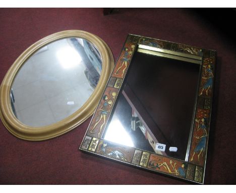 Rectangular Shaped Wall Mirror with stylised figural pottery plaques to surround, together with an oval mirror. (2) 
