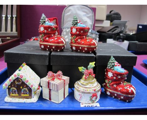 Six Novelty Enamel Christmas Trinket Boxes, including stockings and a wrapped present, (boxed):- One Tray