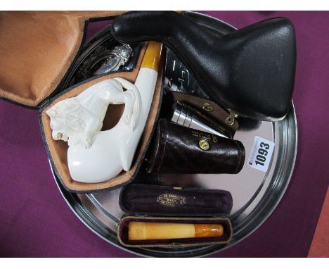 Meerschaum Pipe, featuring lion, with case, other case, cheroot holder, tots, gin label.