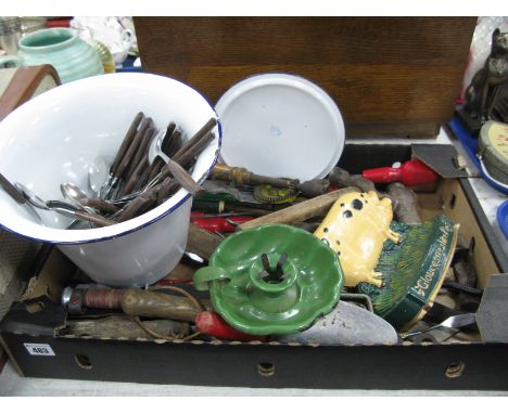 Quantity of Tools, cutlery, knives, enamelled pail:- One Box