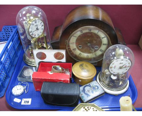 Kundo and Schatz Clocks, under domes, eight day mantel clock, watches, coins, Treen box, Cloisonné cigarette box, etc:- One T